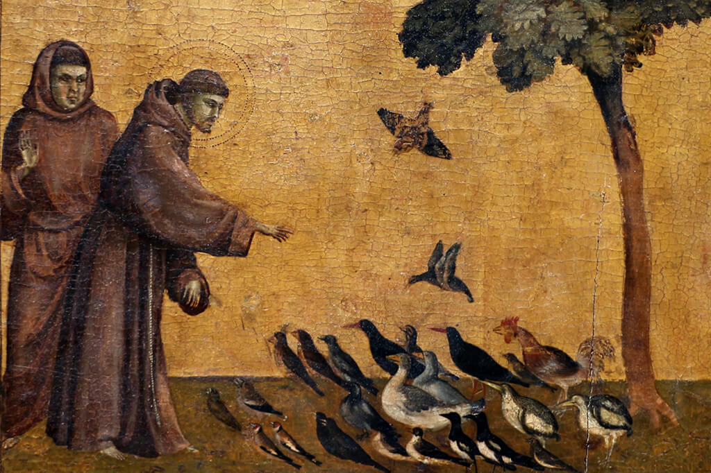 San Francesco d'Assisi (San Francesco) predica agli uccelli. Particolare della predella di San Francesco d'Assisi che riceve le stimmate. Dipinto di Giotto Di Bondone (1276-1337). Tempera su legno. Museo del Louvre, Parigi